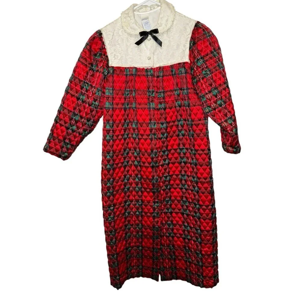 Her Majesty Vintage Girls Robe Quilted Red Plaid Christmas Lace SZ 8